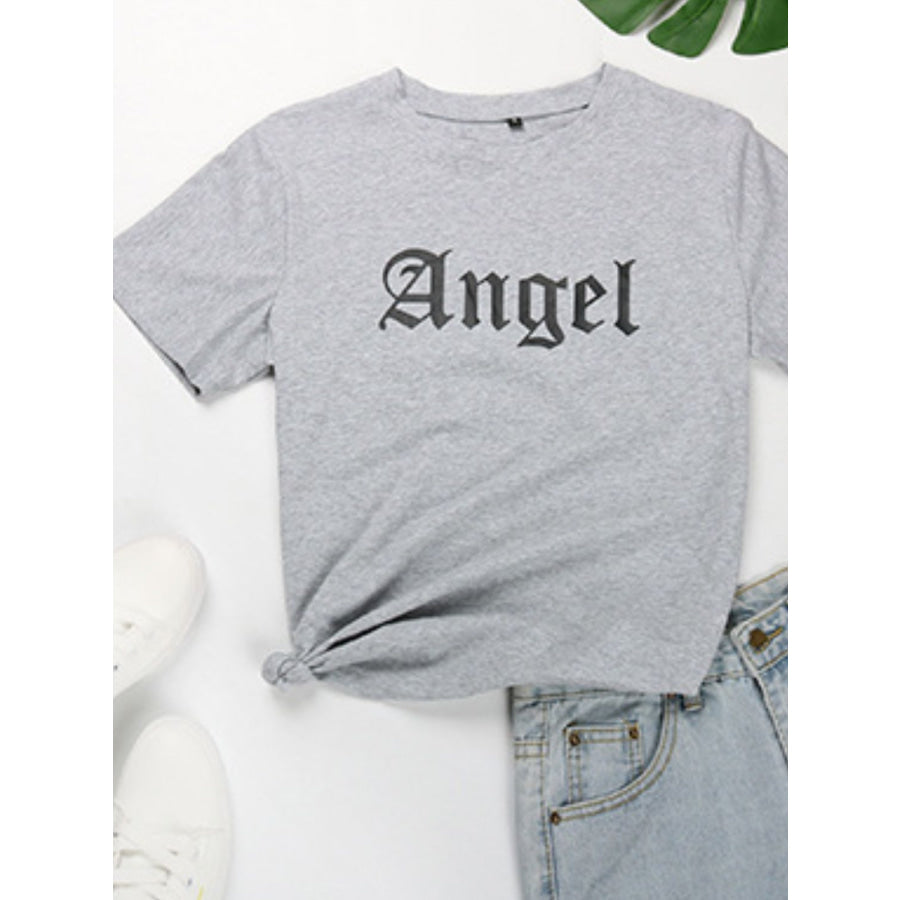 Perfee ANGEL Round Neck Short Sleeve T-Shirt Gray / S Apparel and Accessories