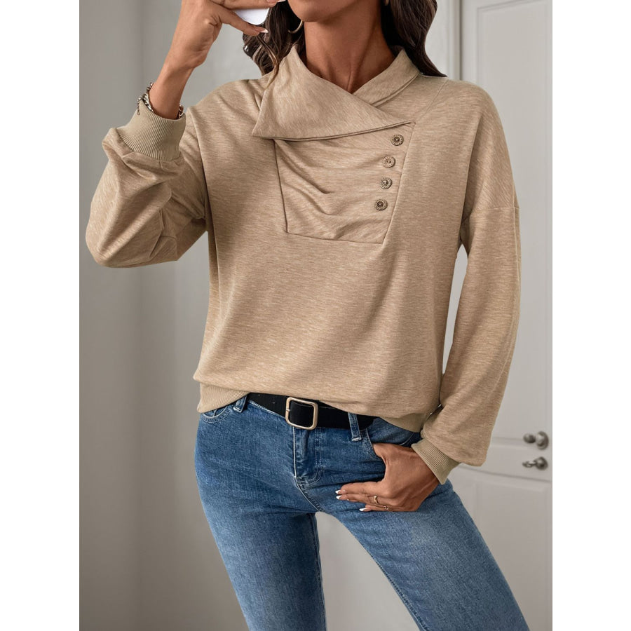 Perfee Asymmetric Mock Neck Long Sleeve Sweatshirt Apparel and Accessories