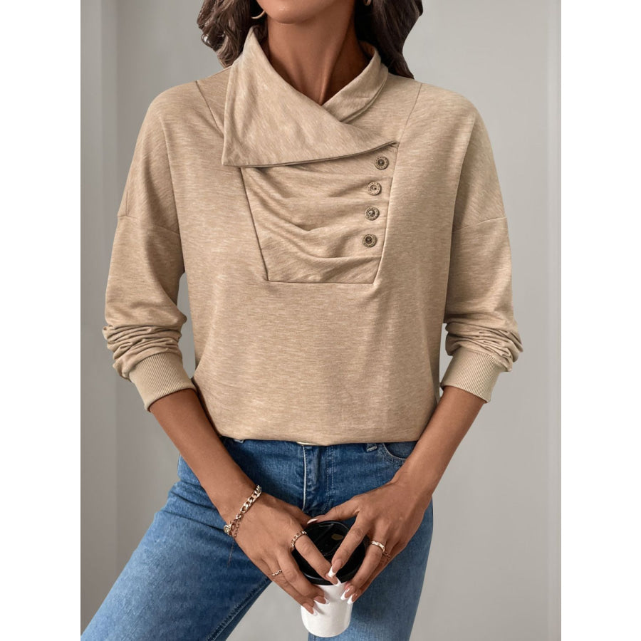 Perfee Asymmetric Mock Neck Long Sleeve Sweatshirt Tan / S Apparel and Accessories