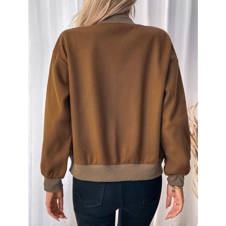 Perfee Baseball Collar Snap Down Long Sleeve Jacket Caramel / S Apparel and Accessories