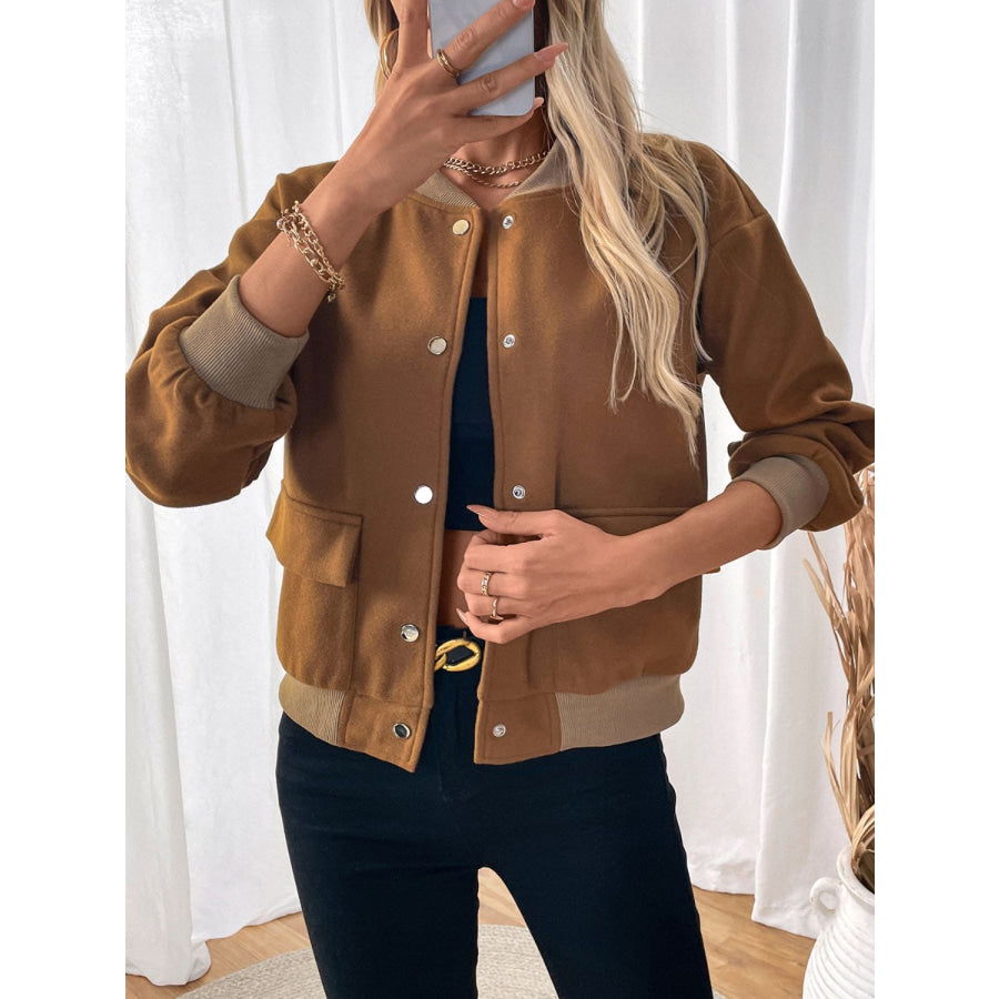 Perfee Baseball Collar Snap Down Long Sleeve Jacket Caramel / S Apparel and Accessories