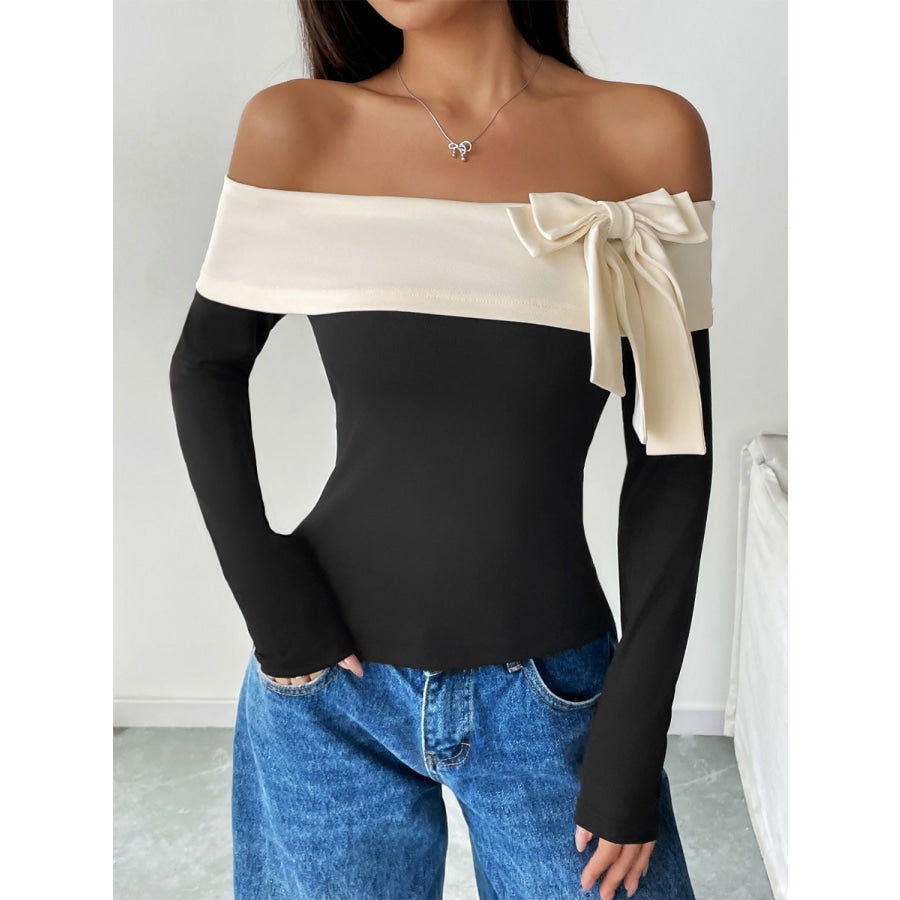 Perfee Bow Contrast Off-Shoulder Long Sleeve Top Apparel and Accessories