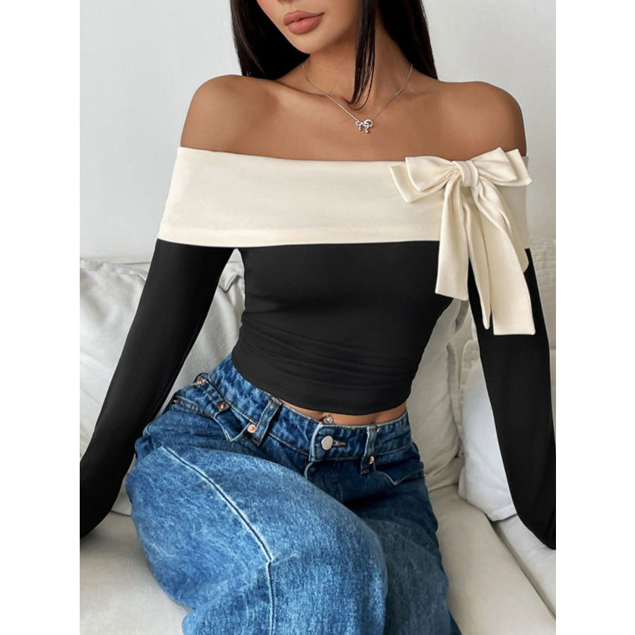 Perfee Bow Contrast Off-Shoulder Long Sleeve Top Apparel and Accessories