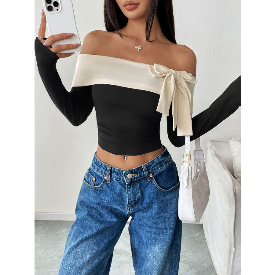 Perfee Bow Contrast Off-Shoulder Long Sleeve Top Apparel and Accessories