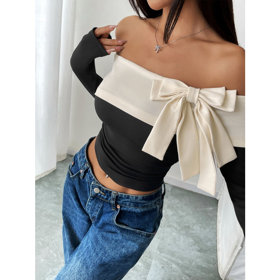 Perfee Bow Contrast Off-Shoulder Long Sleeve Top Apparel and Accessories