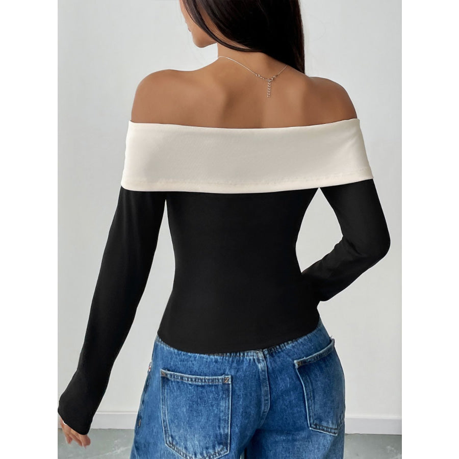 Perfee Bow Contrast Off-Shoulder Long Sleeve Top Apparel and Accessories