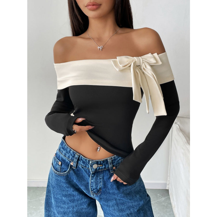 Perfee Bow Contrast Off-Shoulder Long Sleeve Top Black / S Apparel and Accessories