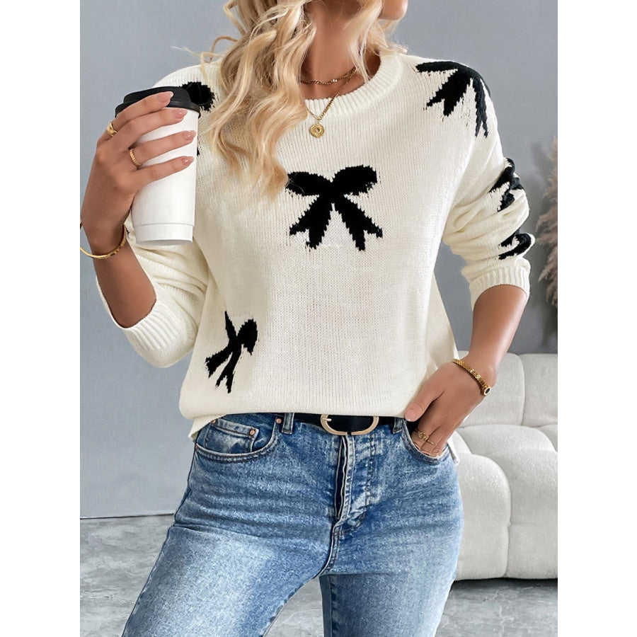 Perfee Bow Graphic Round Neck Long Sleeve Sweater Apparel and Accessories