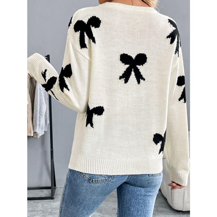 Perfee Bow Graphic Round Neck Long Sleeve Sweater Apparel and Accessories