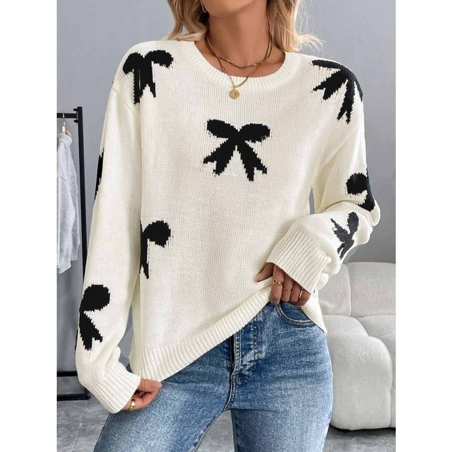 Perfee Bow Graphic Round Neck Long Sleeve Sweater Apparel and Accessories