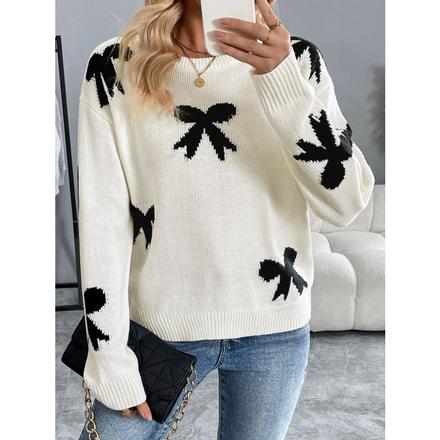 Perfee Bow Graphic Round Neck Long Sleeve Sweater Apparel and Accessories