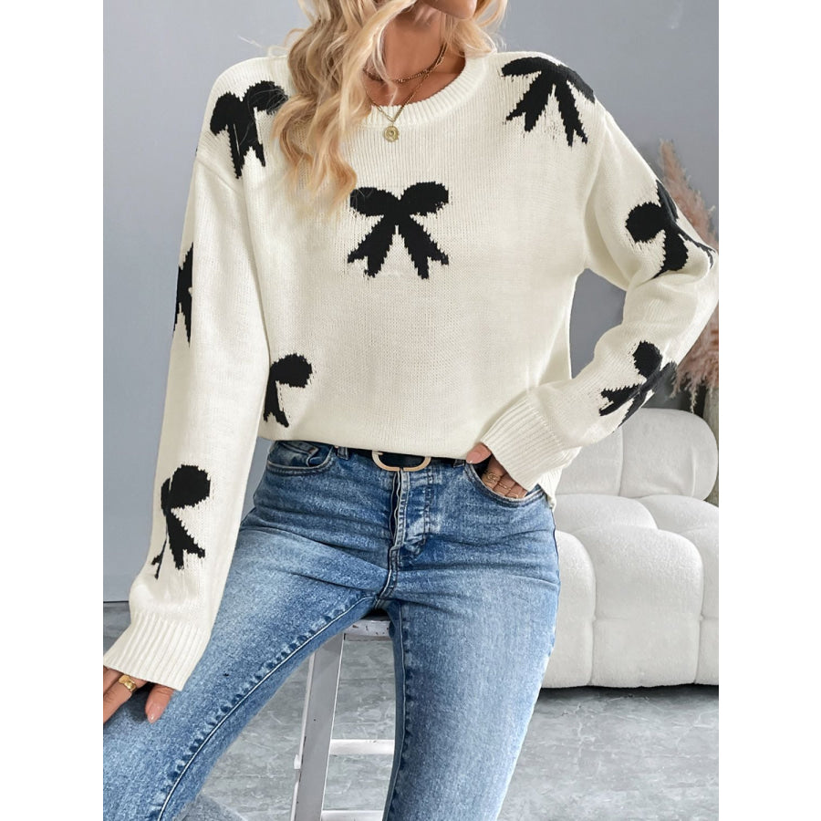 Perfee Bow Graphic Round Neck Long Sleeve Sweater Apparel and Accessories