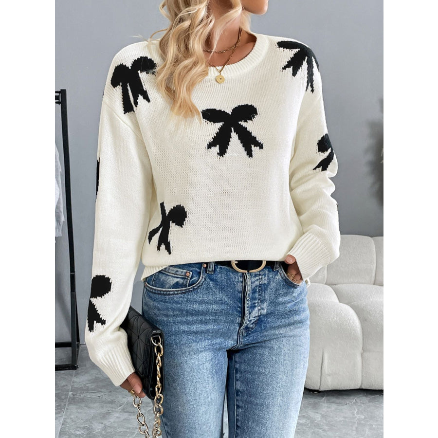 Perfee Bow Graphic Round Neck Long Sleeve Sweater Cream / S Apparel and Accessories