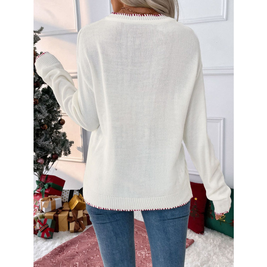 Perfee Bow Round Neck Long Sleeve Sweater White / S Apparel and Accessories