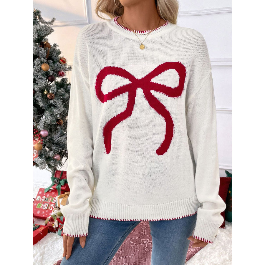 Perfee Bow Round Neck Long Sleeve Sweater White / S Apparel and Accessories