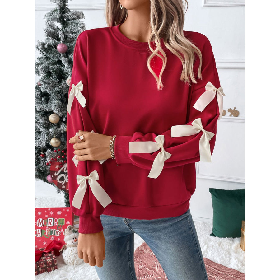 Perfee Bow Round Neck Long Sleeve Sweatshirt Apparel and Accessories