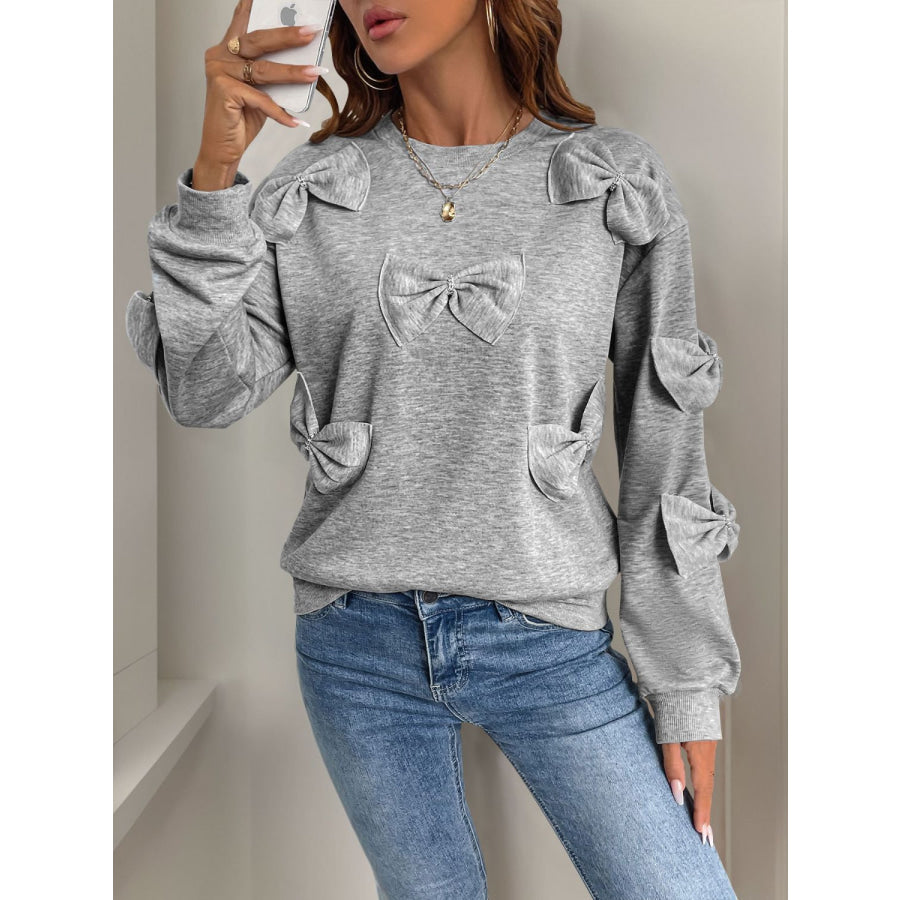 Perfee Bow Round Neck Long Sleeve Sweatshirt Apparel and Accessories