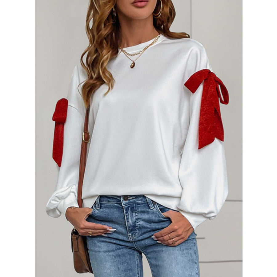 Perfee Bow Round Neck Long Sleeve Sweatshirt Apparel and Accessories