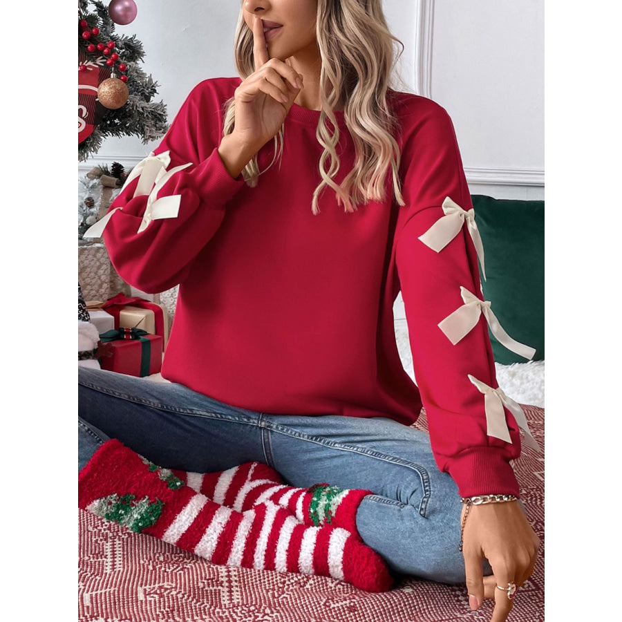 Perfee Bow Round Neck Long Sleeve Sweatshirt Apparel and Accessories