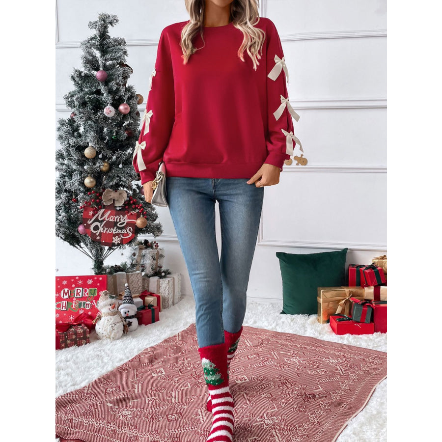 Perfee Bow Round Neck Long Sleeve Sweatshirt Apparel and Accessories