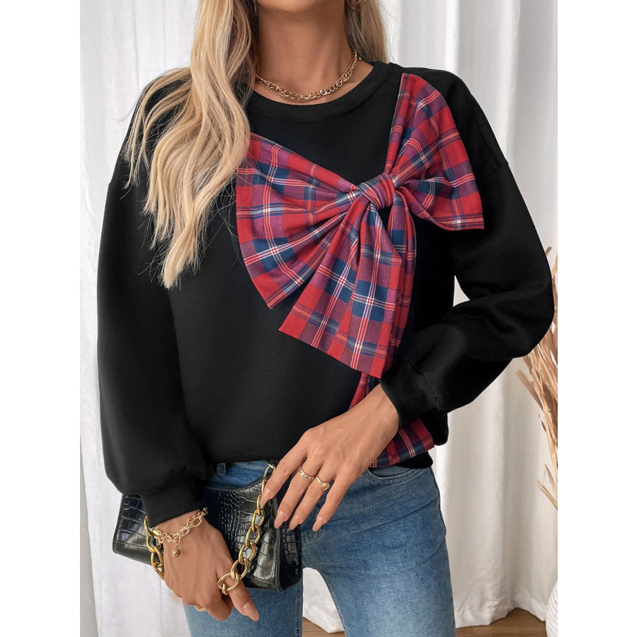 Perfee Bow Round Neck Long Sleeve Sweatshirt Apparel and Accessories