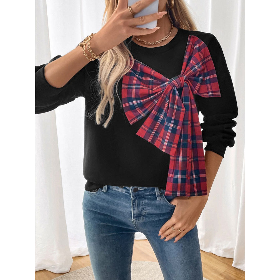 Perfee Bow Round Neck Long Sleeve Sweatshirt Apparel and Accessories