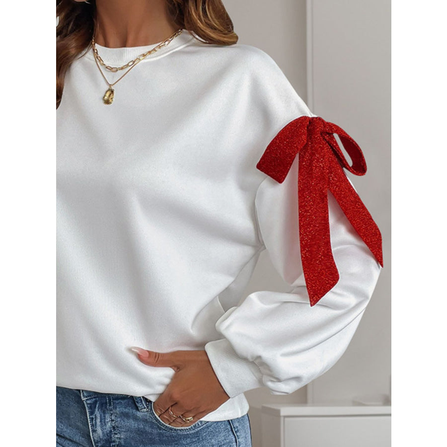 Perfee Bow Round Neck Long Sleeve Sweatshirt Apparel and Accessories