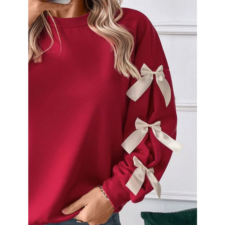 Perfee Bow Round Neck Long Sleeve Sweatshirt Apparel and Accessories