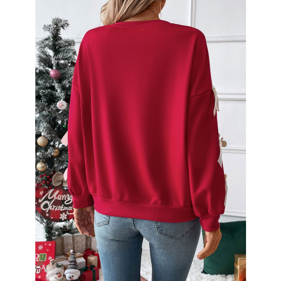 Perfee Bow Round Neck Long Sleeve Sweatshirt Apparel and Accessories