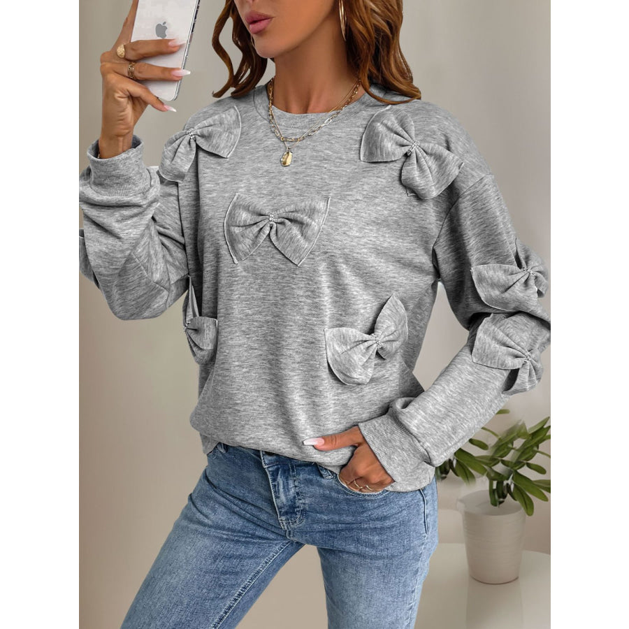 Perfee Bow Round Neck Long Sleeve Sweatshirt Apparel and Accessories