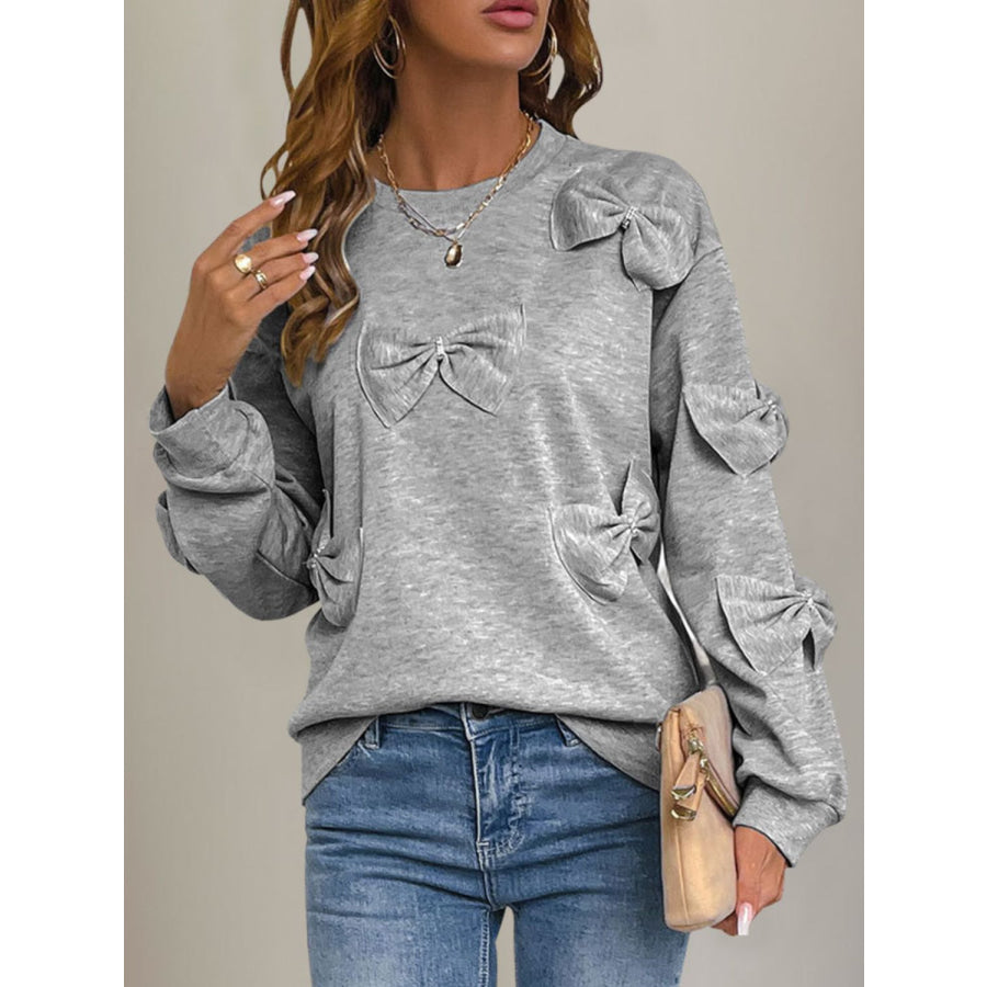 Perfee Bow Round Neck Long Sleeve Sweatshirt Apparel and Accessories