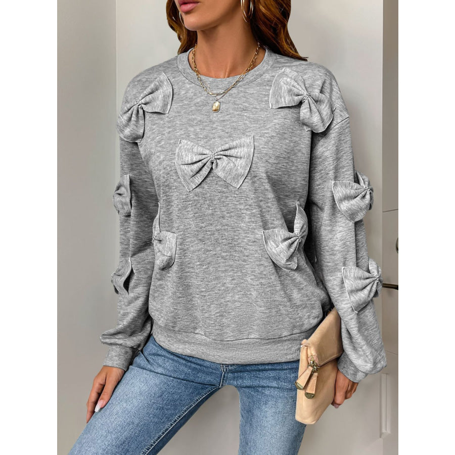 Perfee Bow Round Neck Long Sleeve Sweatshirt Apparel and Accessories