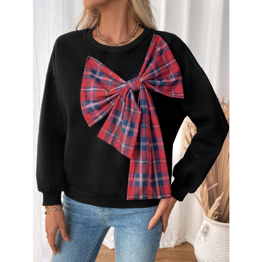 Perfee Bow Round Neck Long Sleeve Sweatshirt Apparel and Accessories