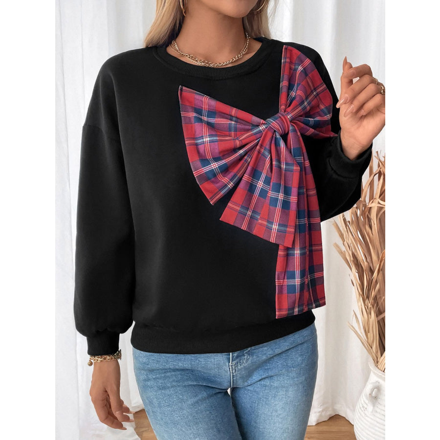 Perfee Bow Round Neck Long Sleeve Sweatshirt Apparel and Accessories