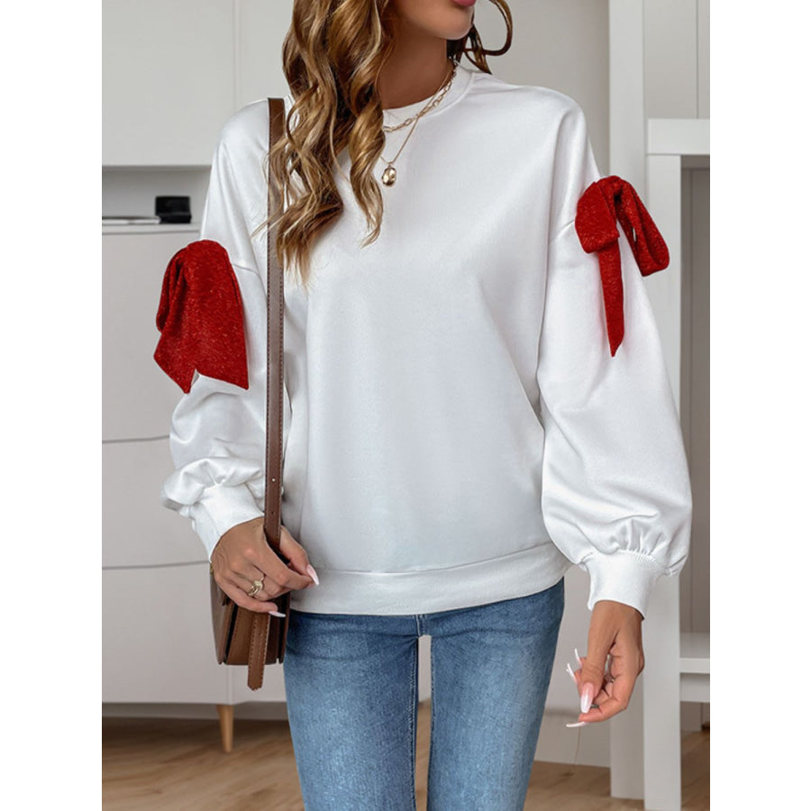 Perfee Bow Round Neck Long Sleeve Sweatshirt Apparel and Accessories