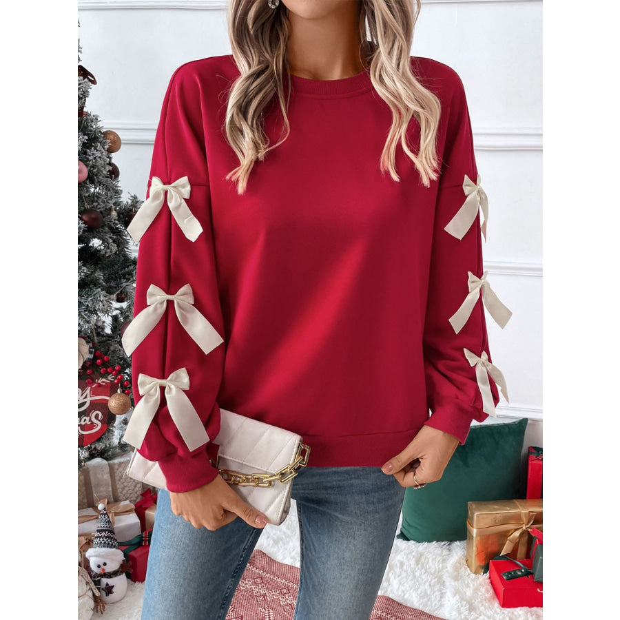 Perfee Bow Round Neck Long Sleeve Sweatshirt Deep Red / S Apparel and Accessories