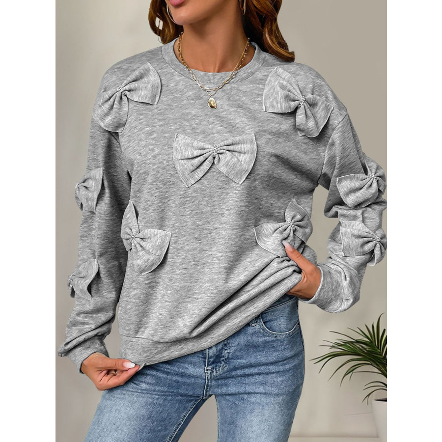 Perfee Bow Round Neck Long Sleeve Sweatshirt Gray / S Apparel and Accessories