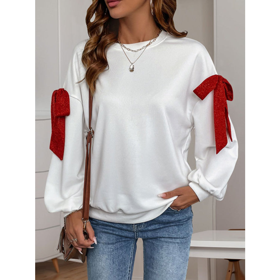 Perfee Bow Round Neck Long Sleeve Sweatshirt White / S Apparel and Accessories