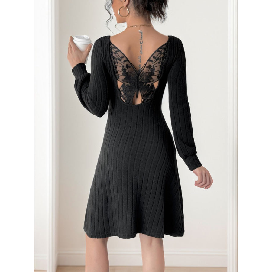 Perfee Butterfly Square Neck Long Sleeve Dress Black / S Apparel and Accessories