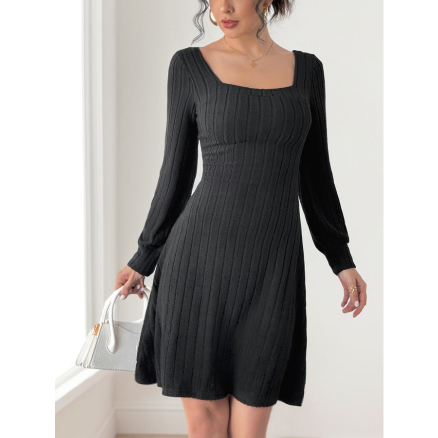 Perfee Butterfly Square Neck Long Sleeve Dress Black / S Apparel and Accessories