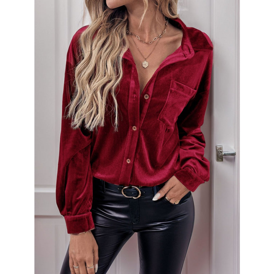 Perfee Button Up Long Sleeve Shirt Burgundy / S Apparel and Accessories