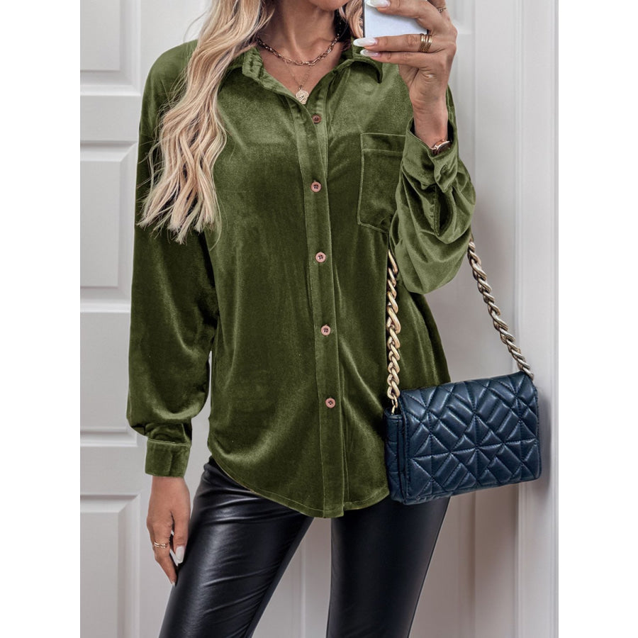 Perfee Button Up Long Sleeve Shirt Moss / S Apparel and Accessories