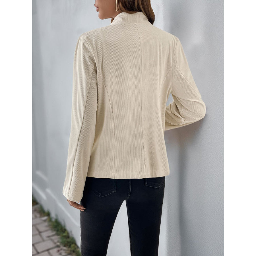 Perfee Button Up Mock Neck Jacket Beige / S Apparel and Accessories