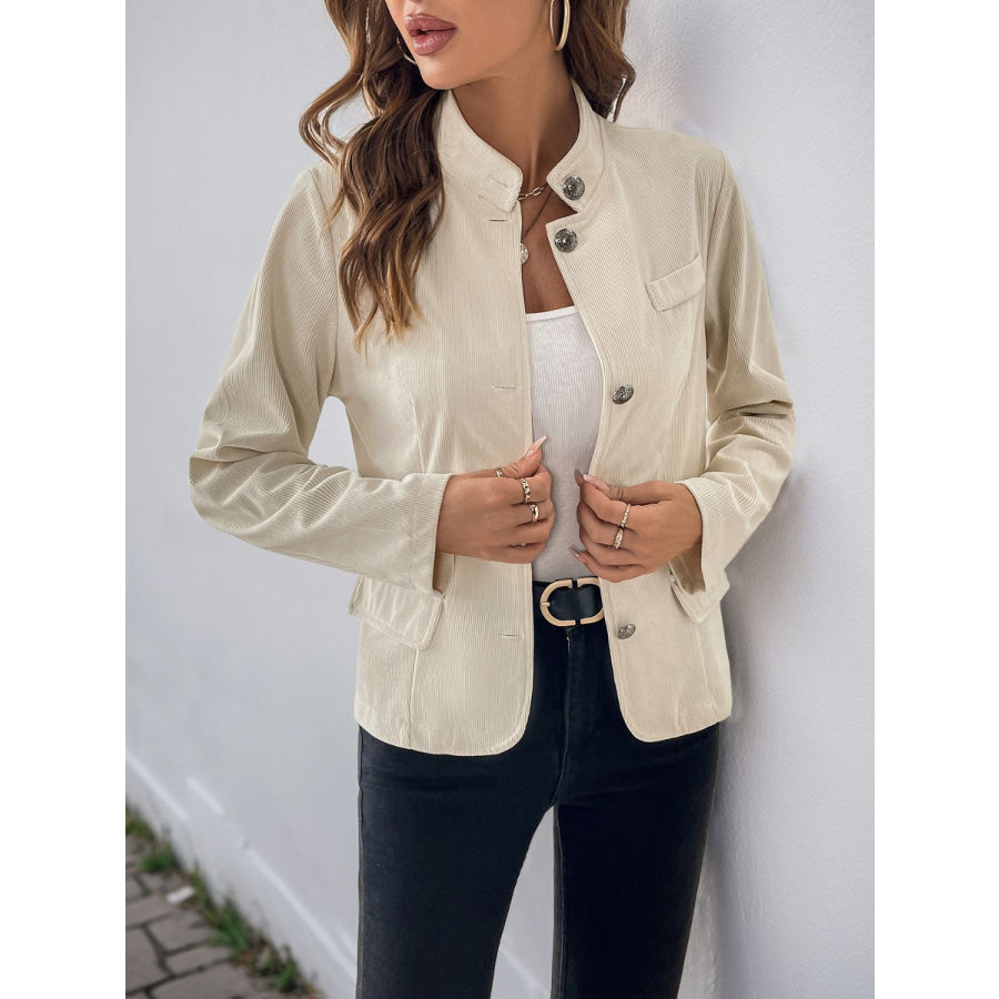 Perfee Button Up Mock Neck Jacket Beige / S Apparel and Accessories