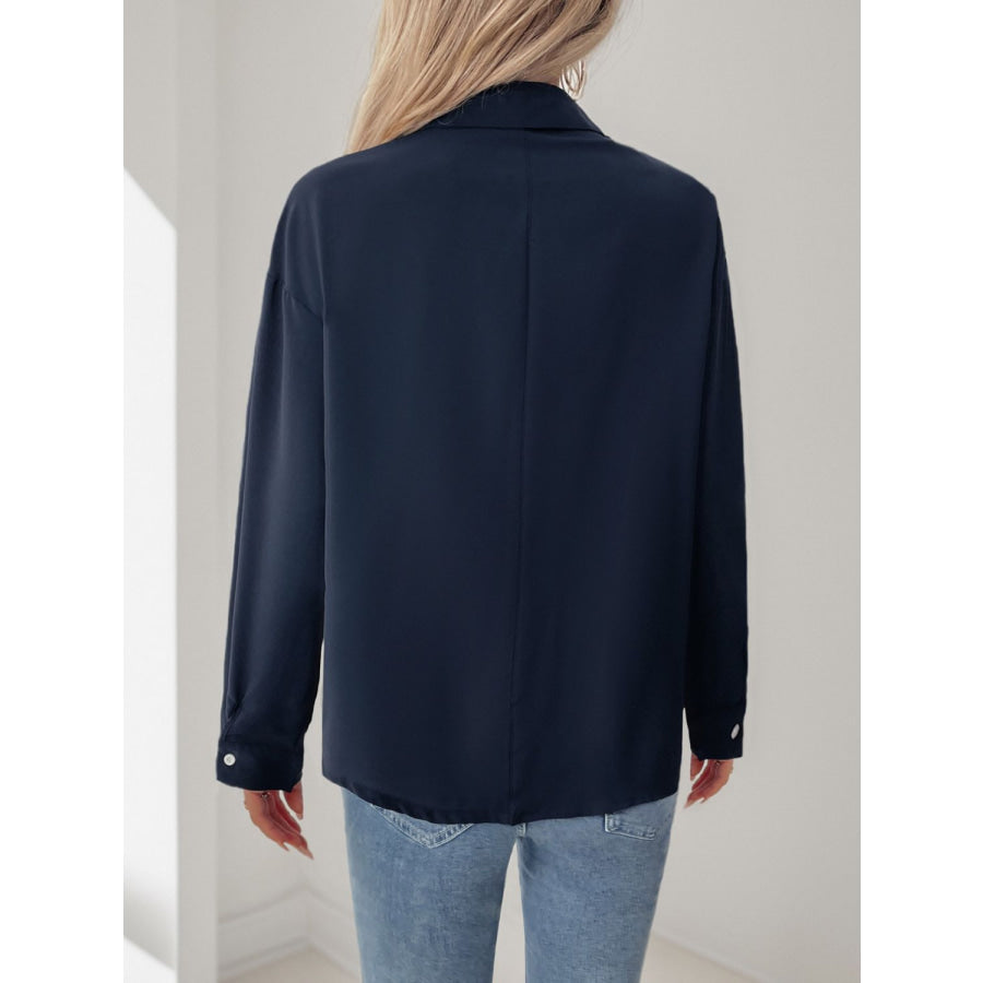 Perfee Buttoned Down Long Sleeve Shirt Dark Blue / S Apparel and Accessories