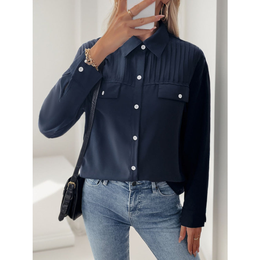 Perfee Buttoned Down Long Sleeve Shirt Dark Blue / S Apparel and Accessories