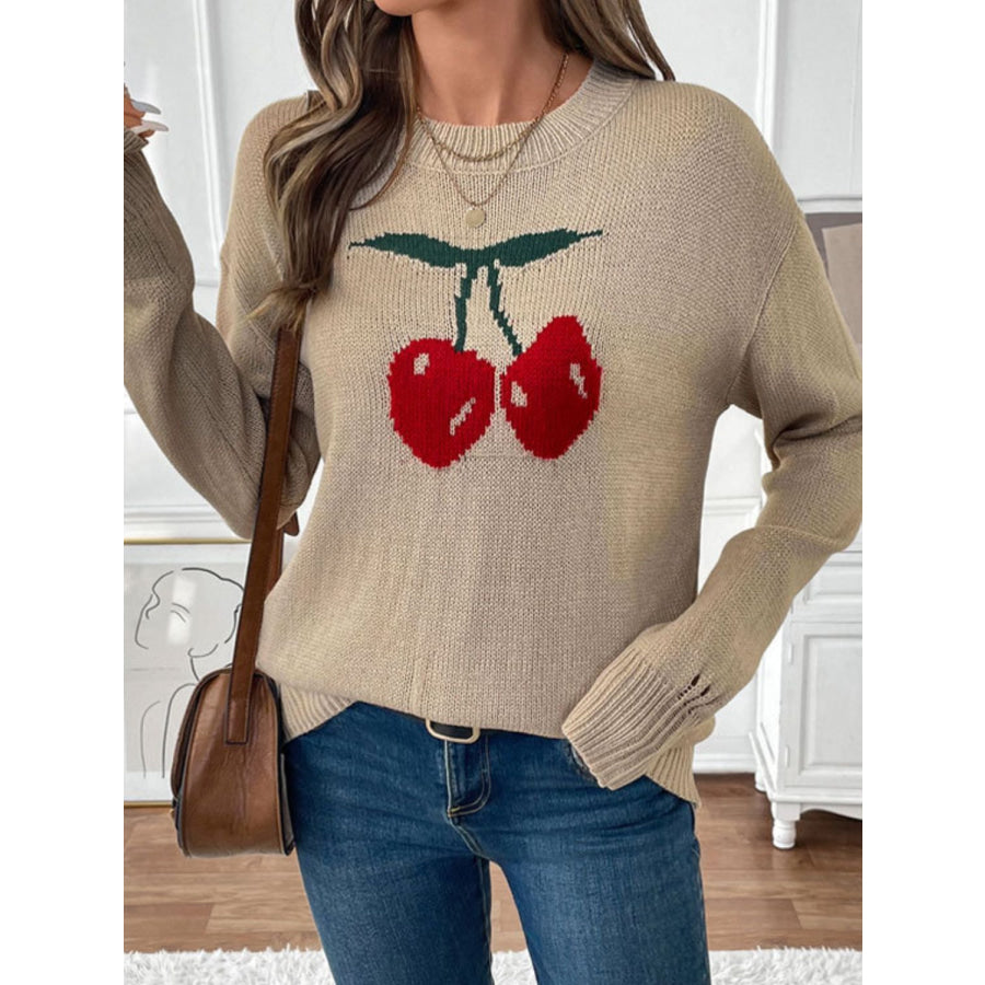 Perfee Cherry Round Neck Long Sleeve Sweater Apparel and Accessories