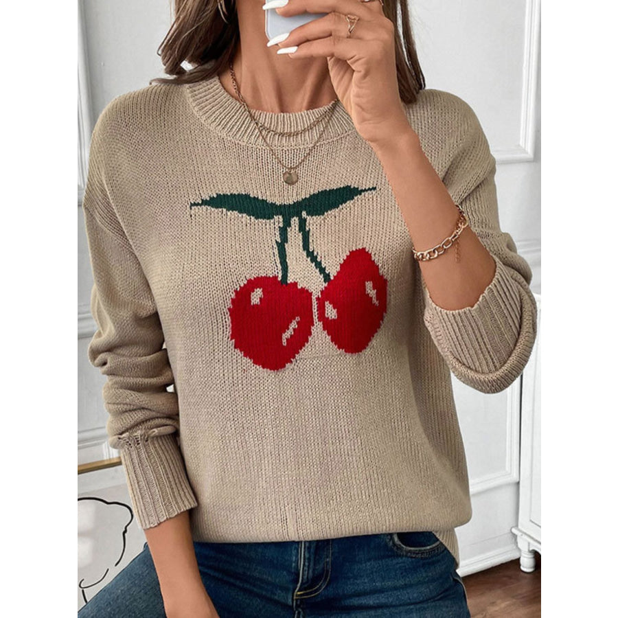 Perfee Cherry Round Neck Long Sleeve Sweater Apparel and Accessories