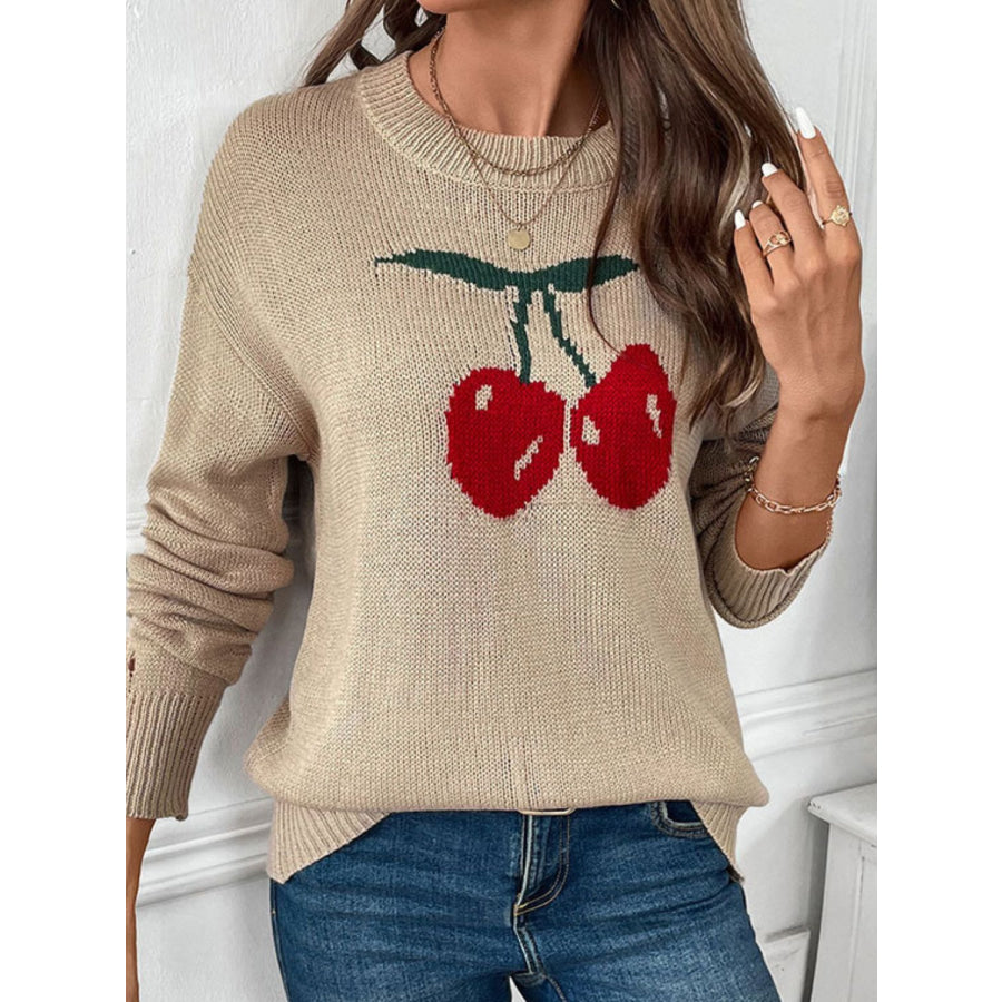 Perfee Cherry Round Neck Long Sleeve Sweater Apparel and Accessories