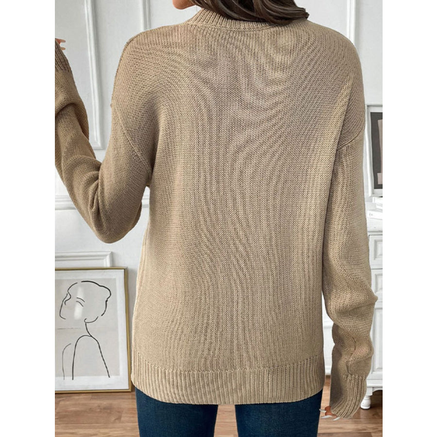 Perfee Cherry Round Neck Long Sleeve Sweater Khaki / S Apparel and Accessories